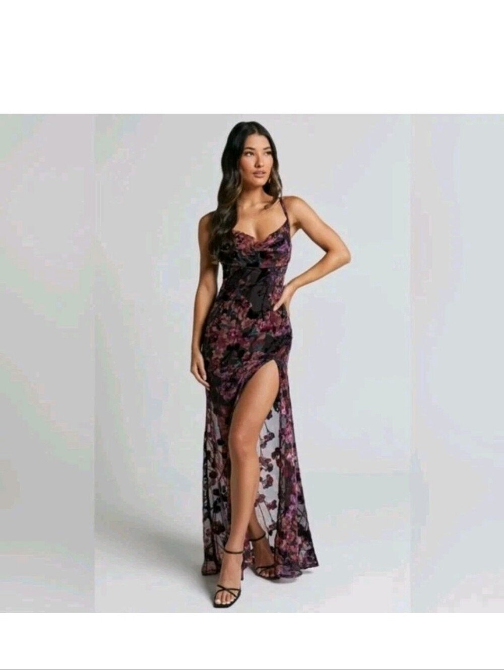 Showpo Alleta Burnout Floral Velvet Sheer Maxi Dress with High Slit - Purple